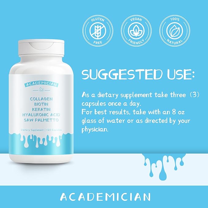 Collagen Supplements for Women and Men Biotin Capsules Keratin Saw Palmetto with Hyaluronic Acid Capsules DHT Blocker Vitamins Folic Acid - 120 Count