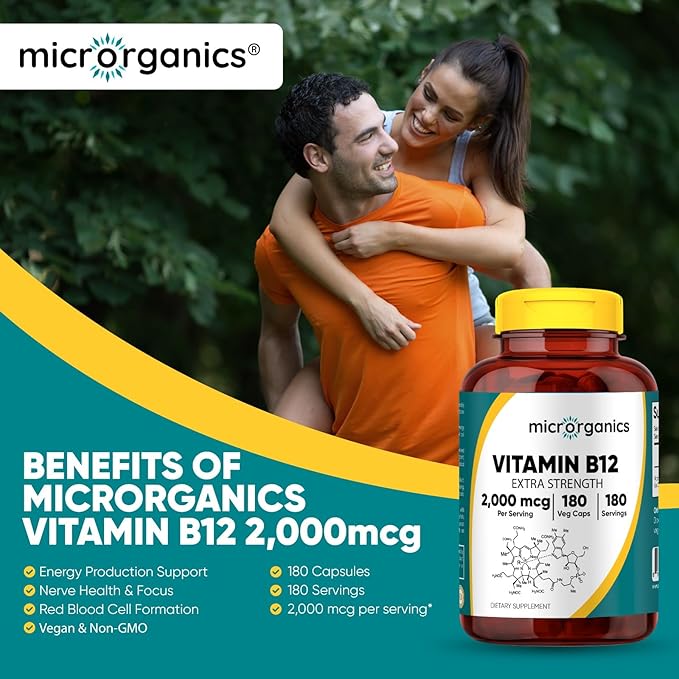 Vitamin B12 2000 mcg Extra Strength – Energy Focus &amp Nervous System Support – Cyanocobalamin Form – 180 Vegan Capsules 180 Servings