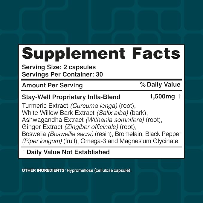 Infla-1500 All-Natural Relief Supplement Extract Blend with Turmeric White Willow Bark Ashwagandha Ginger Boswellia Bromelain Omega-3 and Magnesium-60ct