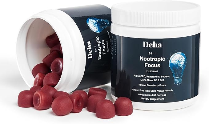 Deha Focus Gummies Nootropic Brain Supplement with Vitamin B6 Vitamin B12 Alpha GPC Huperzine A Bacopa Monnieri Lions Mane Mushroom Gummies – Vegan Non-GMO Gluten-Free – 60 Gummies