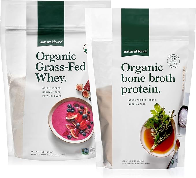 Natural Force Grass Fed Organic Whey Protein Powder Unflavored - 16 oz Pure Organic Bone Broth Protein Powder 10.8 oz