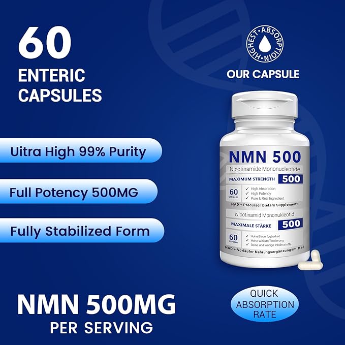 NMN 500mg Per Serving Maximum Strength - 99% Pure NMN (Nicotinamide Mononucleotide) for NAD Cell Immune Energy Anti-Aging &amp Longevity Stabilized NMN Supplements 500mg - 60 Veggie Capsules
