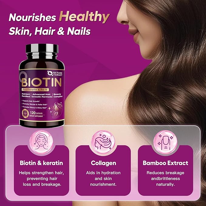 NATURE TARGET Biotin 10000mcg Hair Growth Vitamins – Maximum Strength Hair Growth Supplement with Collagen Keratin Fo-Ti MSM Zinc &amp B Vitamins for Thicker Stronger Hair Skin &amp Nails