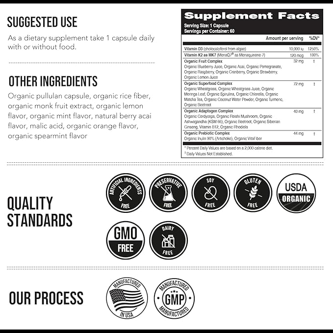 Organic Plant D3 + K2 | 10000 IU D3 + 120 mcg K2 as All-Trans MK7 from MenaQ7® - 100% Whole Food Raw &amp Vegan | Enhanced Digestion with Prebiotic &amp Superfood Complex – D3 from Organic Algae (6