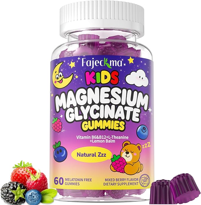 Magnesium Glycinate Gummies for Kids: Organic Chewable Supplement with Vitamins B12 B6 D3 Zinc L-Theanine Omega Calcium Citrate - Extra Strength Zzz Aid Focus Health Support for Kid(60Count)