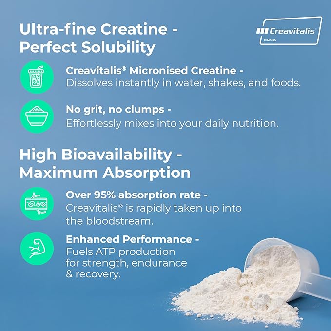 Creapure® Creatine Monohydrate Powder 300g – 60 Servings – Creavitalis® Micronised Vegan Creatine – Unflavoured Fast Mixing – Muscle Growth Strength Power – 3rd Party Tested UK Brand