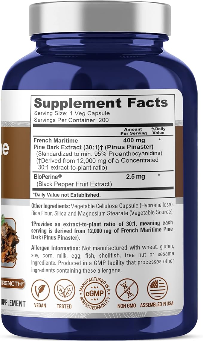 NusaPure French Maritime Pine Bark 30:1 Extract 400 mg Equivalent to 12000 mg Per Veggie Caps 200-Day Supply Bioperine (Non-GMO &amp Vegan)