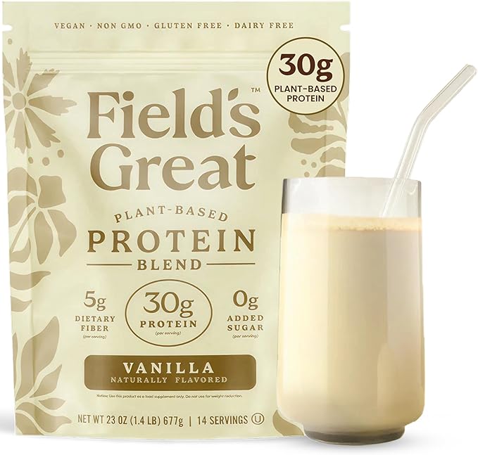 Field's Great Plant-Based Protein with Fiber for Muscle Maintenance Vegan Protein Powder Whey Free Gluten Free Dairy Free - 30g of Protein and 5g Fiber in Each Serving (Vanilla -4 Pack)