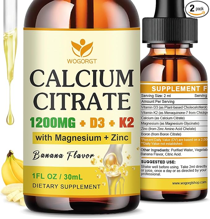 Calcium Citrate 1200mg Liquid Supplement with Vitamin D3 for Women &amp Men - Calcium Magnesium Zinc D3 K2 Supplement for Bone Teeth Immune Support - Sugar Free Vegan Banana Flavor - 1 Fl Oz (2 P