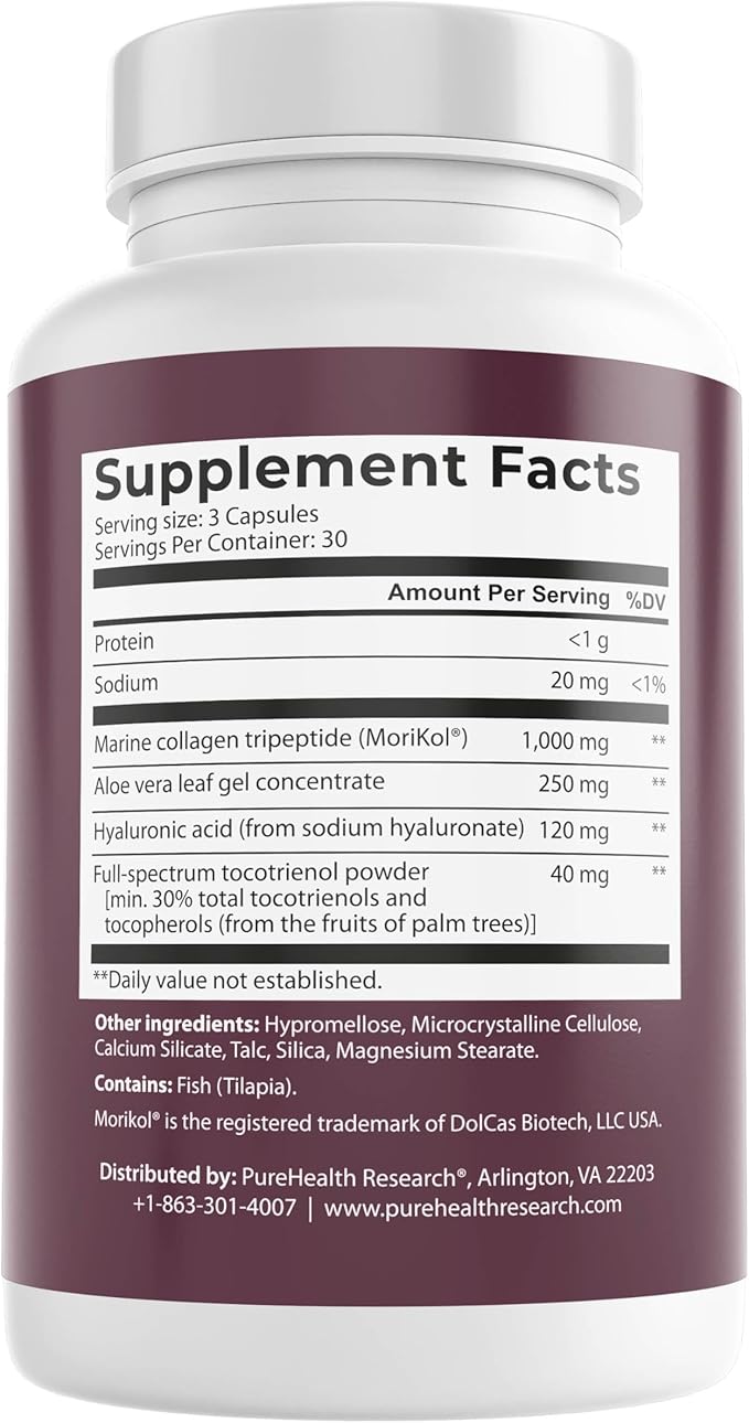 PUREHEALTH RESEARCH Marine Collagen Booster - for Skin Hair &amp Nails Health - for Smooth Bright &amp Plump Skin Support - with MoriKol® Marine Collagen Tripeptides Hyaluronic Acid &amp More -