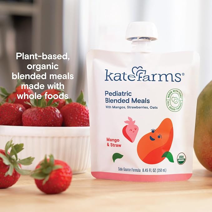 KATE FARMS Organic Pediatric Blended Meal Mango and Strawberry 8g protein organic whole foods oral or tube feed nutrition Gluten Free Non-GMO 8.45 oz (12 Pack)