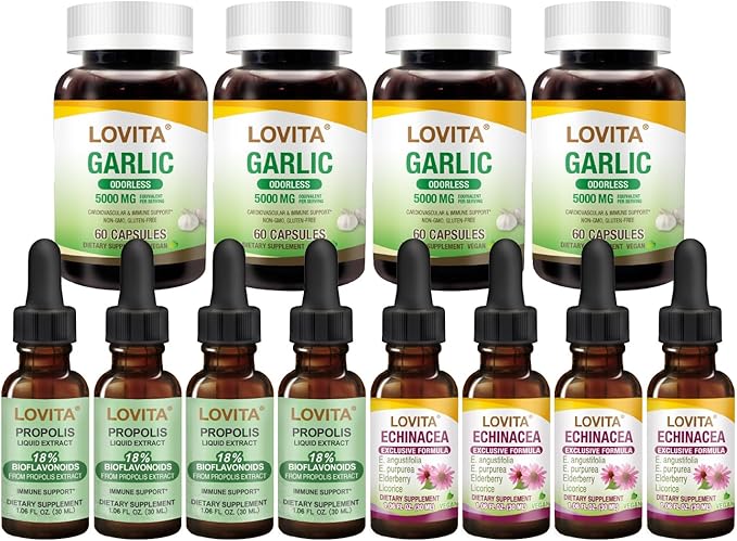 LOVITA 12-Piece Bulk Bundle - 4 Propolis 4 Odorless Garlic &amp 4 Echinacea Extracts Total Body Defense Value Pack (12 Pc)