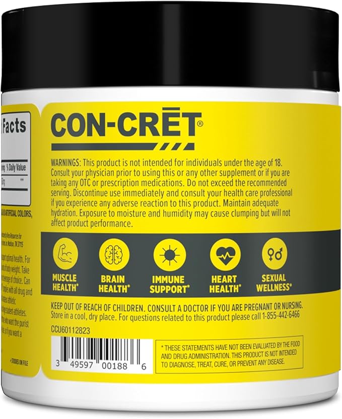 CON-CRET Creatine HCl Powder | Muscle Cognitive Cellular Energy Support | No Bloating or Cramps | USA Made &amp NSF Certified | Unflavored (64 Serving)
