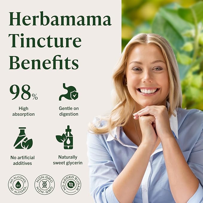 HERBAMAMA Ashwagandha Drops - Vegan Relaxation &amp Mood Support with Ashwagandha Root Extract - Non-GMO Alcohol &amp Sugar-Free Calming Supplements for Adults - 56-Day Supply