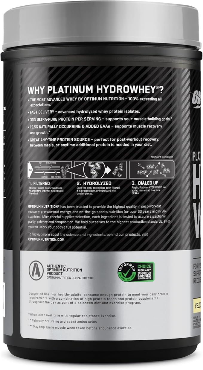 Optimum Nutrition Platinum Hydrowhey Protein Powder 100% Hydrolyzed Whey Protein Isolate Powder Flavor: Velocity Vanilla 20 Servings 1.76 Pounds (Packaging May Vary)