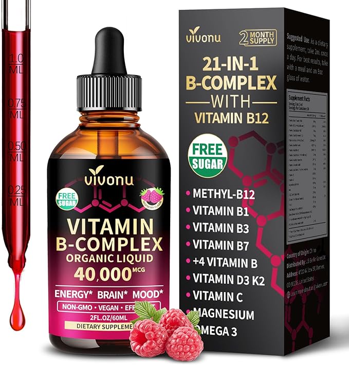 VivoNu Vitamin B Complex Liquid Drops Vitamins B12 B6 B1 B2 B3 B5Methyl Folate with Vitamin C A E D Support Energy Raspberry Flavor Natural Ingredient Non GMO