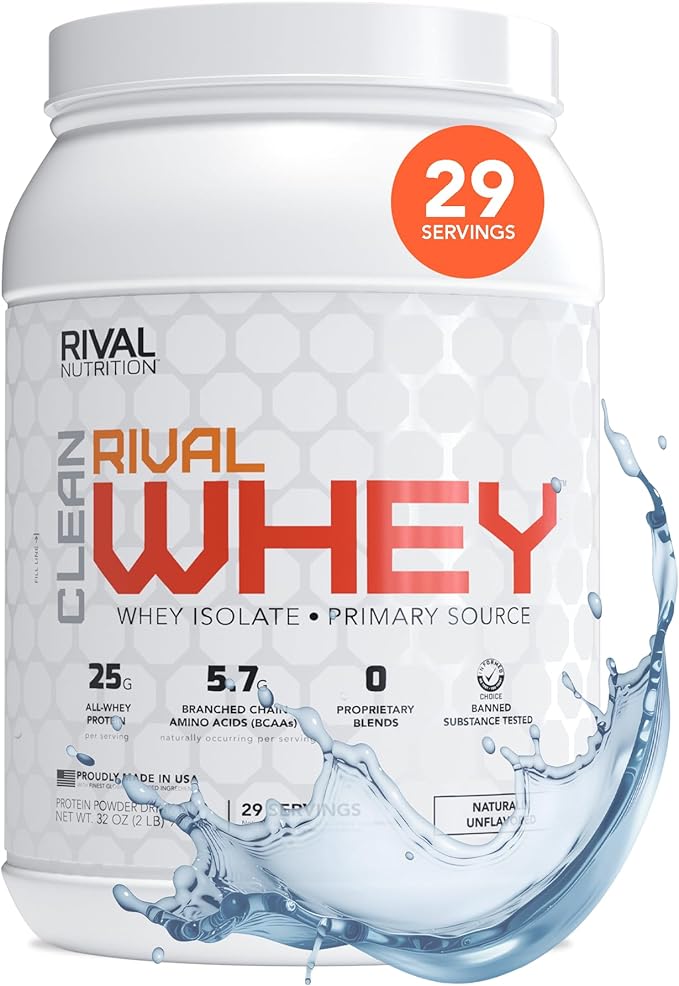 RIVAL NUTRITION Clean Rival Whey – 2LB Unflavored – 100% Whey Protein Powder Whey Isolate Primary Source | 25g Protein Muscle Gain/Recovery | All Natural No Artificial Ingredients - 29 Servings