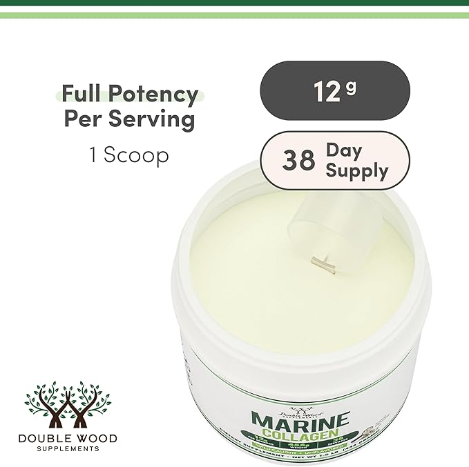 Double Wood Supplements Marine Collagen Powder (1 LB / 16 OZ of Quick Dissolve Marine Collagen Peptides) Wildcaught Unflavored Micronized - Scoop Included No Fillers (38 Servings of 12 Grams Each)