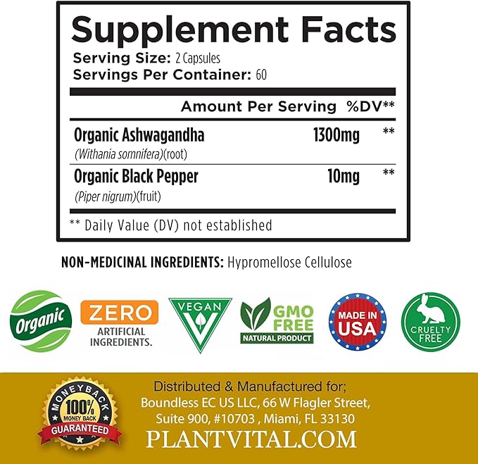Plantvital Organic Ashwagandha Capsules with Black Pepper 1300mg - 120 Vegan Capsules for Normal Stress Response Normal Sleep and Energy - Non-GMO Gluten-Free Made in USA