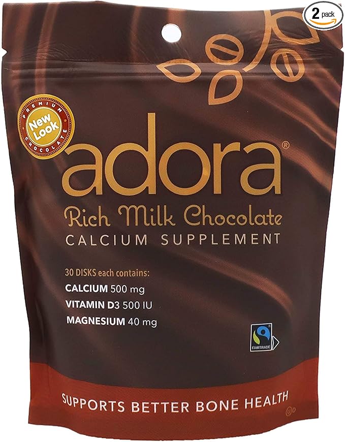 Adora Premium Vitamin D3 Magnesium and Calcium Supplement 500 mg Milk Chocolate 30 Count (Pack of 2)