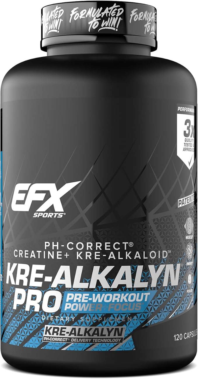EFX Sports Kre-Alkalyn Pro | pH Correct Creatine Monohydrate Pill Supplement | Muscle Building Pre Workout for Men &amp Women | 60 Servings 120 Capsules