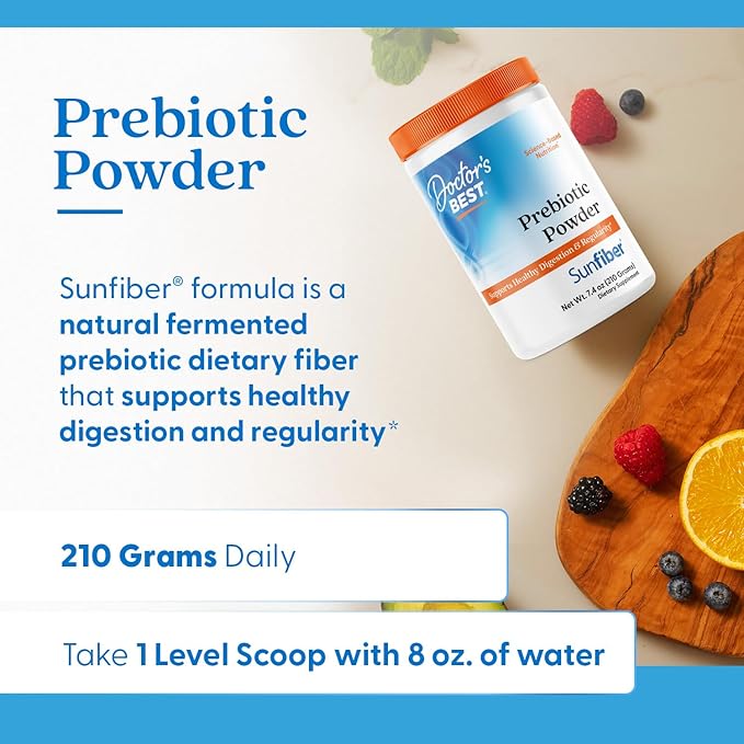 Doctor's Best Prebiotic Powder Supplement with Sunfiber Guar Fiber - Digestive Health &amp Nutrition Support for Women &amp Men Unflavored Easy Dissolve Gluten Free Non GMO Vegan - 7.4 oz
