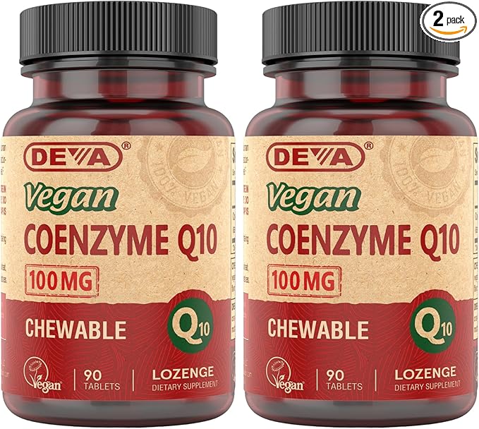 DEVA Vegan Vitamins Coenzyme Q10 100mg - Potent &amp Affordable in One Bottle - Chewable 90 Tablets (Pack of 2)