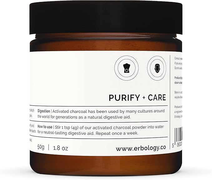Erbology Activated Charcoal Powder 1.8 oz - Teeth Whitening - Add to Face Masks Toothpaste and Body Wraps for Natural Exfoliation - Natural Digestive Aid - Vegan - Recyclable Glass Jar