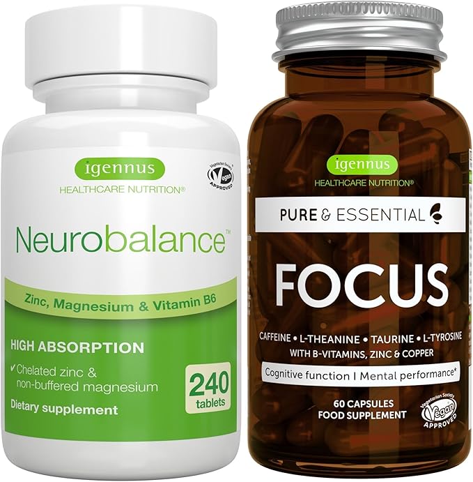 Neurobalance 240 Tablets + Focus Brain Booster Vegan Bundle Chelated Zinc Picolinate 24mg Oxide-Free Magnesium &amp Vitamin B6 + Caffeine L-Theanine Taurine &amp L-Tyrosine B-Vitamins Zinc &am