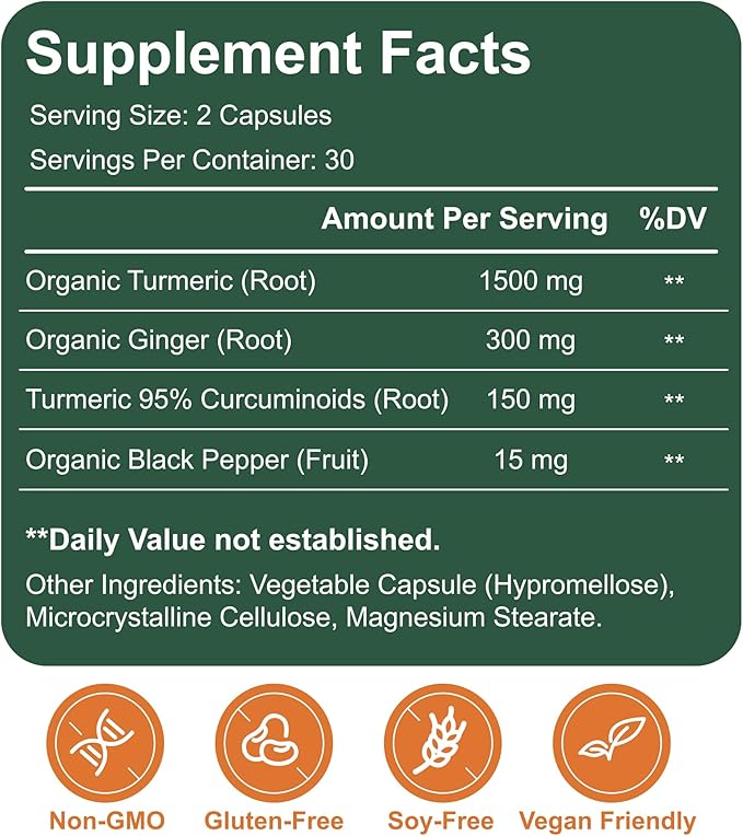 ANCEMORO Turmeric and Ginger Supplement - 1500mg Organic Turmeric with 95% Curcuminoids Ginger Root &amp Black Pepper - High Absorption Supplement - 60 Vegan Capsules
