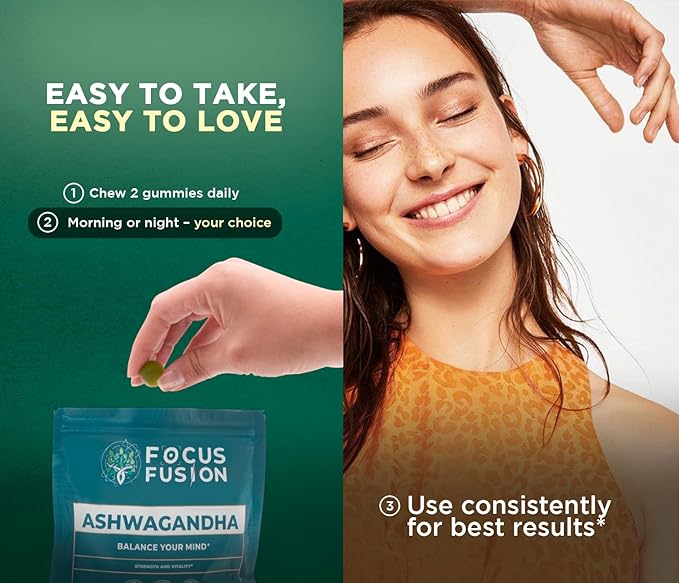 Focus Fusion Ashwagandha Gummies with Vitamin D2 &amp Zinc – Extra Strength Stress Relief Mood &amp Focus Support – Calm Energy &amp Immune Boost – Vegan Non-GMO Fruity Mix Berry Flavors (60 Cou