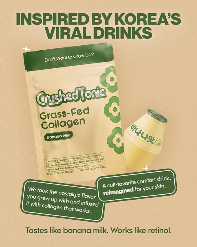 Crushed Tonic Korean Beauty Collagen Powder | Hydrolyzed Marine Collagen Peptides for Skin Glow Hair &amp Nails | K-Beauty Drink | Gluten-Free Halal &amp Kosher (Banana Milk 5 Servings (50 g) Po