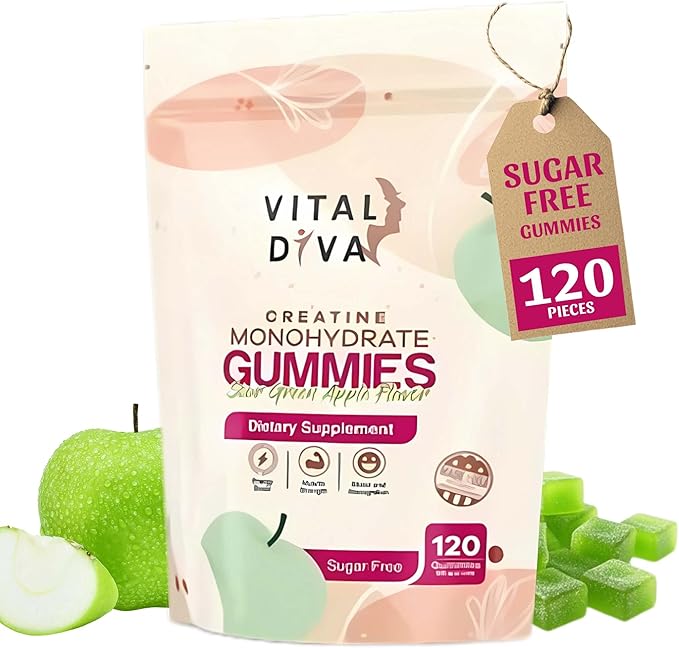 Creatine Monohydrate Gummies for Women – 100% Sugar-Free Sour Green Apple – 120 Count 3 Month Supply – Support Muscle Recovery Strength &amp Energy – No Messy Powders Vegan &amp Non-GMO