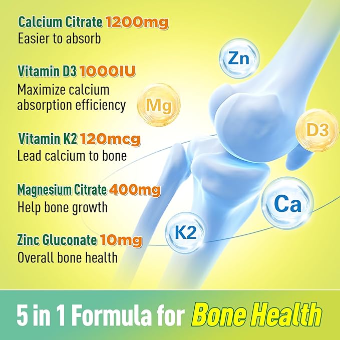 Calcium Citrate Gummies 1200 mg for Kids &amp Adults Sugar Free with Vitamin D3 K2 Magnesium Zinc Bone Support for Women &amp Elders Natural Pineapple Flavor 120 Gummies