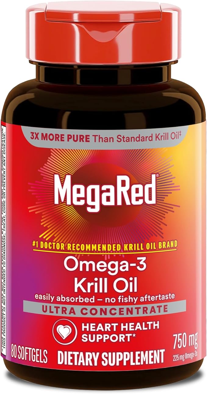 MegaRed Antarctic Krill Oil 750mg Omega 3 Fatty Acid Supplement Ultra Concentrate EPA &amp DHA Softgels Antioxidant Astaxanthin Heart Health Supplement with No Fish Oil Aftertaste 80ct