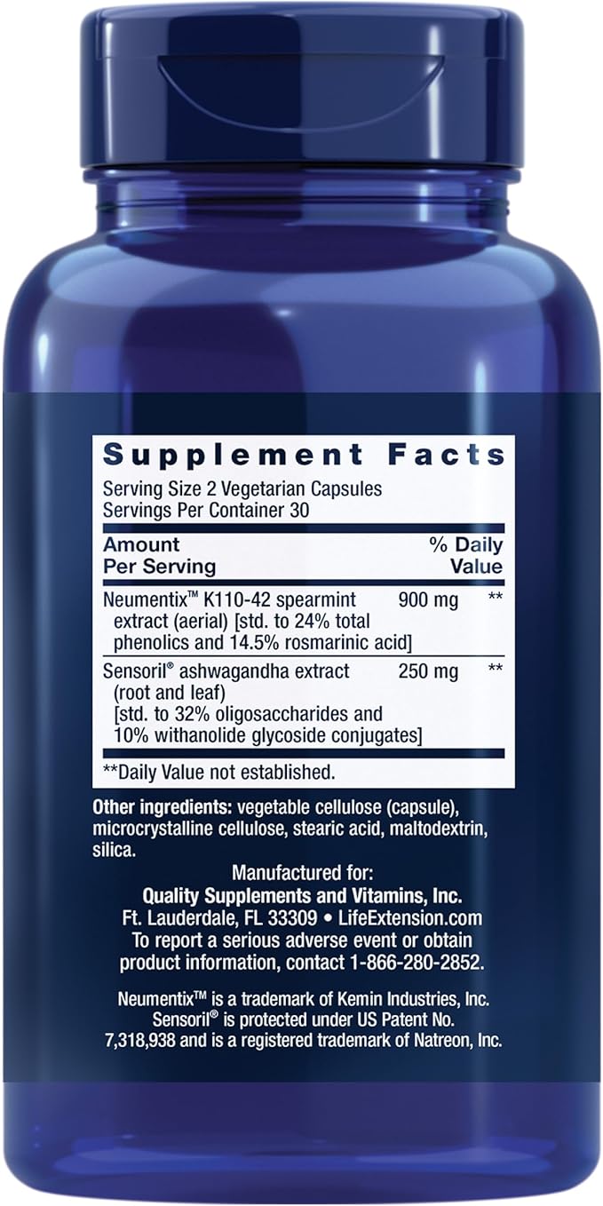 Life Extension Ashwagandha Plus Calm &amp Focus ashwagandha Extract Spearmint Extract Focus Attention Relaxation Advanced Formula 60 Vegetarian Capsules
