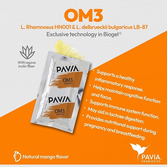 Pavia Live Probiotics Bio-Gel with Omega 3 | Probiotics &amp Prebiotics with Nutrients | Cognitive &amp Focus Support | Sugar Free | Mango Flavor | 1 Billion Live Cultures | 30 Sachets