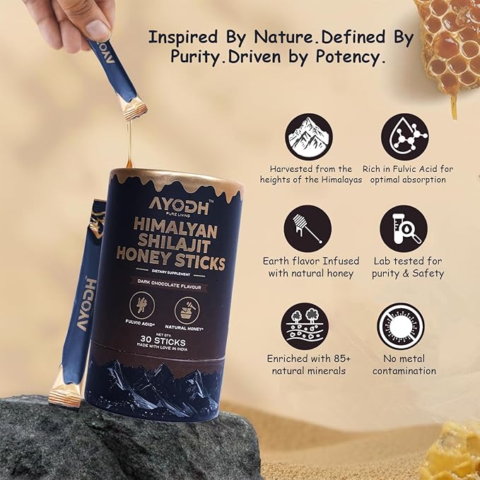 Himalayan Shilajit Honey Sticks with Natural Honey Dark Chocolate Flavor – 30 Count 75%+ Fulvic Acid 85+ Trace Minerals Easy Single-Use Energy &amp Immunity Support