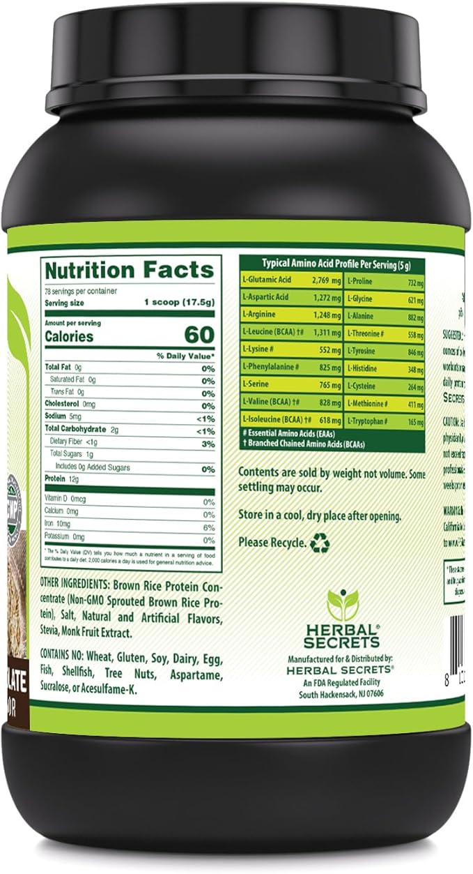 Herbal Secrets Brown Rice Protein Supplement | 3 Lb Powder | 12 Grams Protein per Serving | Vegan | Made in USA (3 Lb Chocolate)