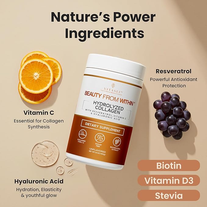 VITASEI Hydrolyzed Collagen Peptides Powder with Resveratrol &amp Vitamin C – Hair Skin &amp Joint Support with Hyaluronic Acid – Colágeno Hidrolizado for Women &amp Men – Unflavored 16 oz (30 Se