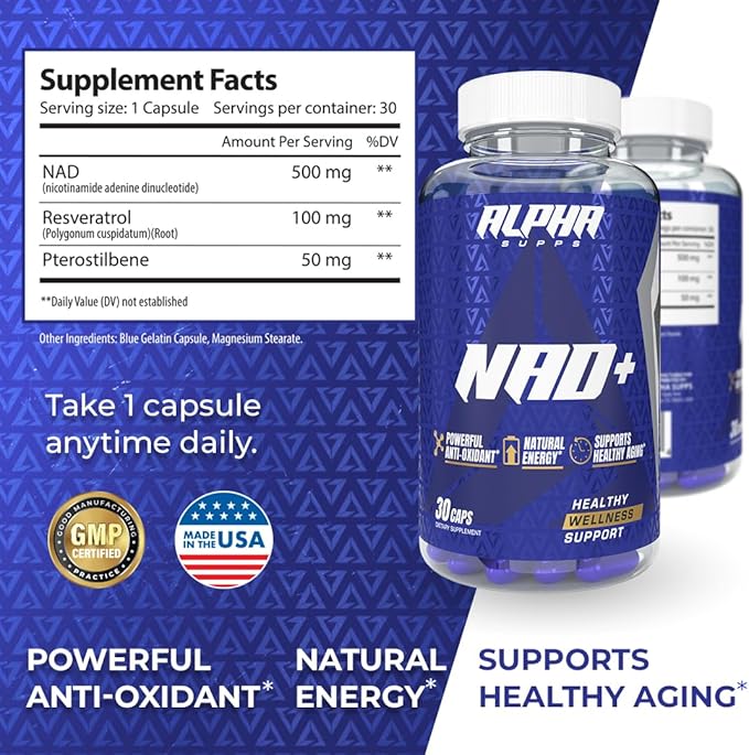 Alpha Supps NAD+ Resveratrol - NMN &amp NMNH Supplement Alternative - Advanced NAD Plus Antioxidant Formula - Supports Cellular Vitality Healthy Aging Energy &amp Longevity - Ideal for Men &amp W