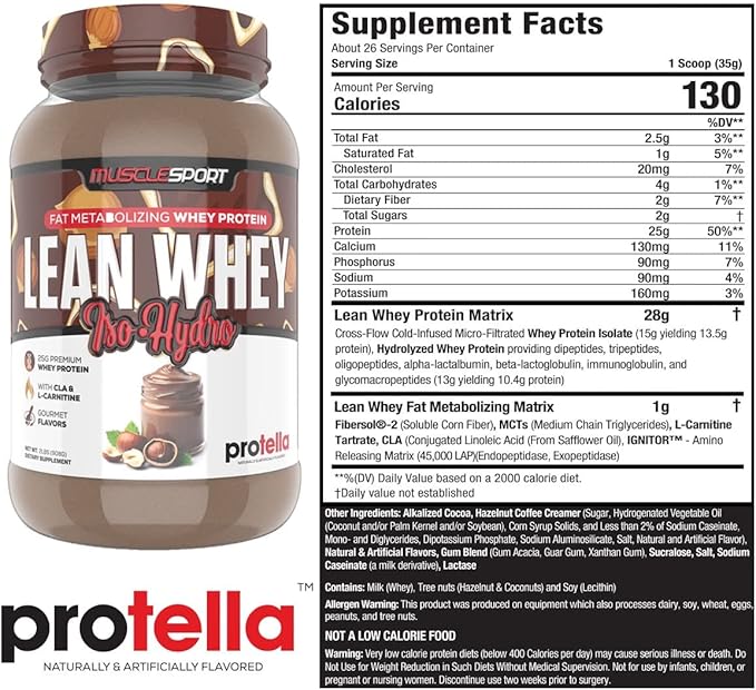Musclesport Lean Whey Revolution™ Protein Powder - Whey Protein Isolate - Low Calorie Low Carb Low Fat Incredible Flavors - 25g Protein per Scoop - 2lb Protella