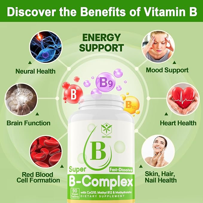 Sugar Free Vitamin B Complex with Methyl B12 MethylFolate B6 B1 B2 B3 Fast Dissolve Highly Bioavailable Methylated B Complex Supplement for Energy Levels Neural System Vegan180 Tablets