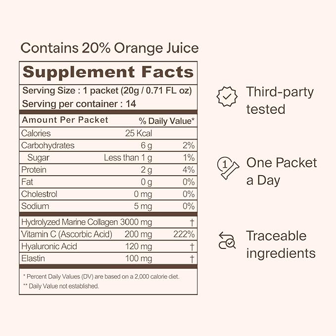 Ownist Triple Collagen Liquid Packets On-The-Go - Peptides with Hydrolyzed Marine Collagen Elastin Hyaluronic Acid and Vitamin for Healthy Skin - Orange Flavor - 84 Individual Stick Packs (6 Boxes)