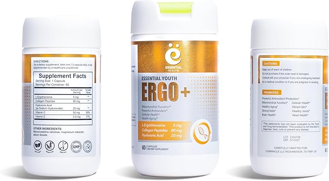 Essential Youth L-Ergothioneine with Collagen Peptides Hyaluronic Acid Vitamin C and E – Promotes Longevity &amp Healthy Aging – Gluten-Free – Non-GMO - 60 Capsules