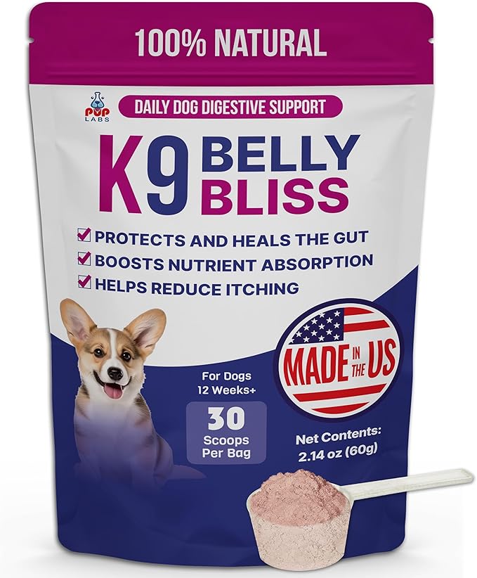 K9 Belly Bliss All-Natural Gut Health for Dogs Vet Approved Prebiotic for Dogs for Daily Digestive Support and Dog Constipation Relief Easy to Use Topper for Dry and Wet Food 30 Scoops.