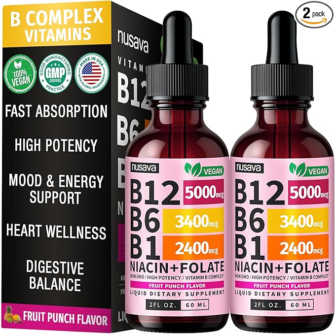 (2 Pack) Vitamin B12 and B6 Liquid Drops B12 Sublingual Vitamin B Complex - B 12 Vitamin 5000mcg - B12 Methylcobalamin for Energy Brain and Heart Support with 27200 mcg Fruit Punch 80 Servings