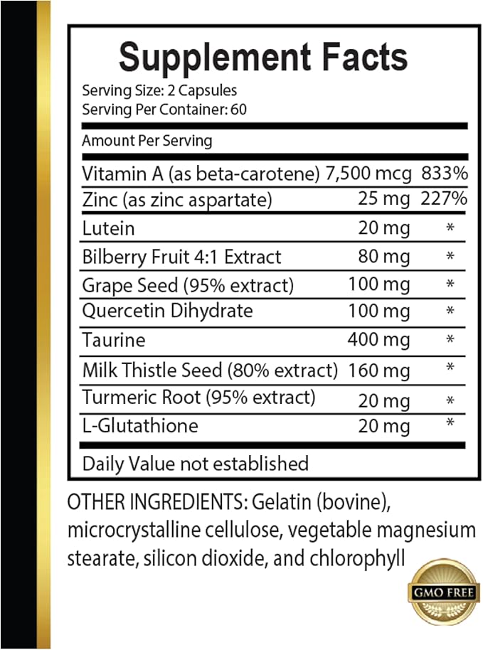 Eye Supplements for Aging - Vision Support Complex - Taurine Capsules Vision Support Eye Vitamins Natural Complex for Vision Support - 1 Bottle 60 Capsules