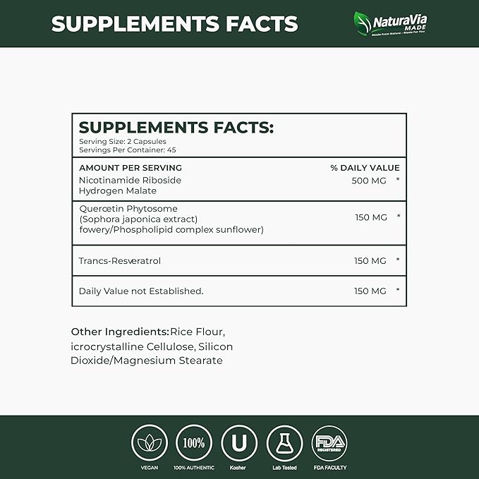 Nicotinamide Riboside Supplement with Resveratrol &amp Quercetin – 900mg Multi-Ingredient Blend – Supports NAD Levels – 90 Vegan Capsules – Made in USA