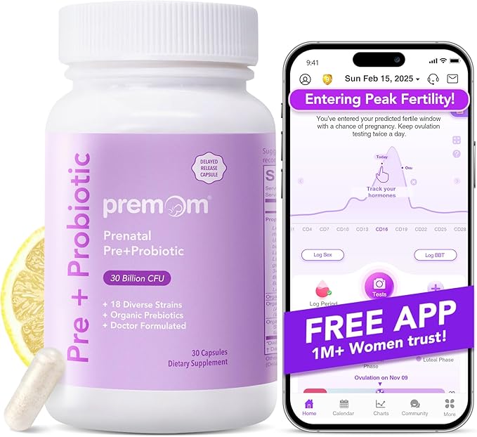 Premom Prenatal Pre &amp Probiotics for Women: 18 Diverse Organic Prebiotics Strains - Supports Digestive 30 Billion CFU Gut &amp Immune Health for Mom and Baby - Daily Capsules
